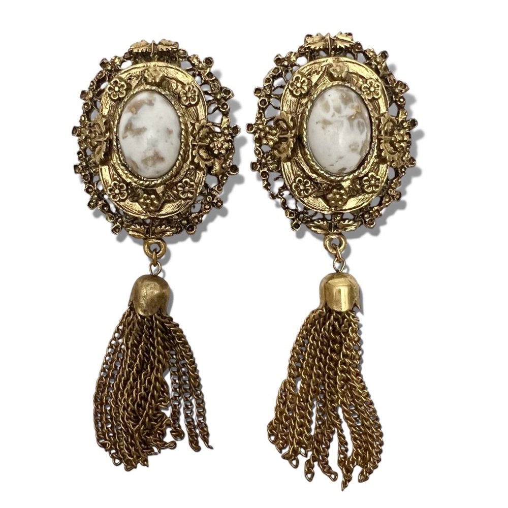 Vintage Victorian Revival Ornate Goldtone Speckle Cabochon Tassel Clip Earrings - Picture 1 of 7